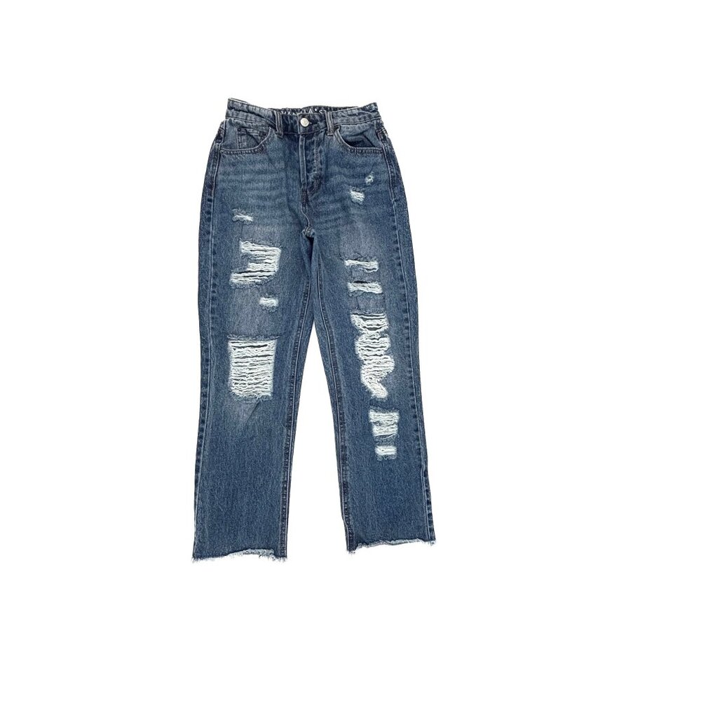 Vanilla Star 90's Boyfriend Distressed Raw Hem Button Fly Women size 1 Blue Jean